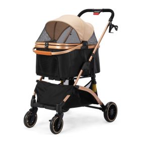 Pet Stroller with 4 Wheels, Foldable Dog Cat Stroller with Detachable Carrier, Storage Basket, Seat Cushion, Cup Holder, Breathable and Visible M